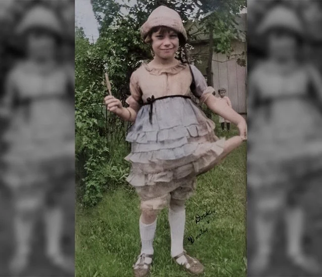 Mom showing off her hand-made dress on the lawn beside her family's Havre home (Original photo B&W, restored and colorized in Photoshop. Credit unknown, from Ancestry.com) - c.1921