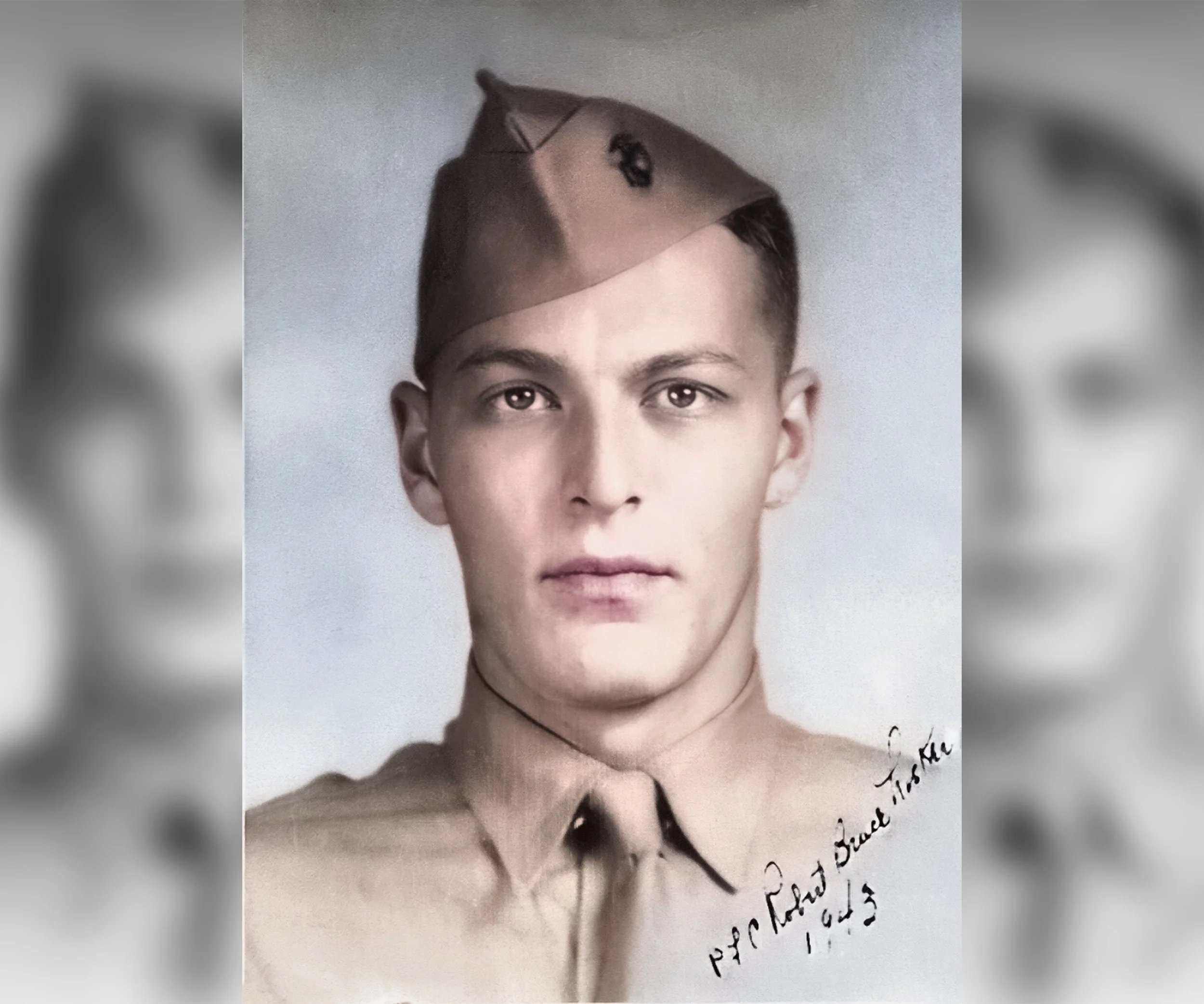 PFC Robert Bruce Lisker, USMC. He's 17 here. The Japanese bombed Pearl Harbor about a year prior. By the following year, he'll be wading ashore with a rifle held dry over his head in the U.S. Marines' second day landing upon Tarawa Atoll, with his "K" Co. comrades, Third Battalion, 8th Marines, 2d Mar Div. – 1943 enlistment photo