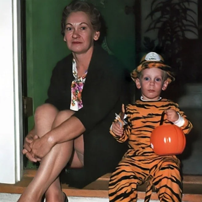 Halloween with Mom and a pumpkin full of candy. Butterfinger bars remain my favorite to this day. Mom didn't like being in photos much since she'd had extensive facial reconstructive surgery after a devastating car accident in her teens - 1969.