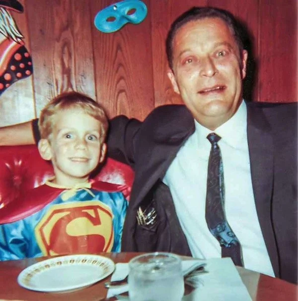 In full Superman regalia, with Dad - 1970