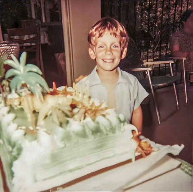 Sixth Birthday party, Aunt Roxy on the dining room patio behind me, at the Huston Street house - 1971