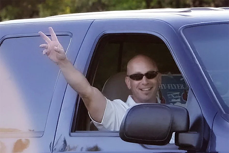 Being driven out of Mule Creek State Prison by Paul Ingels, the private investigator who secured my exoneration and release, in his truck "Big Blue" - Aug 13, 2009.
