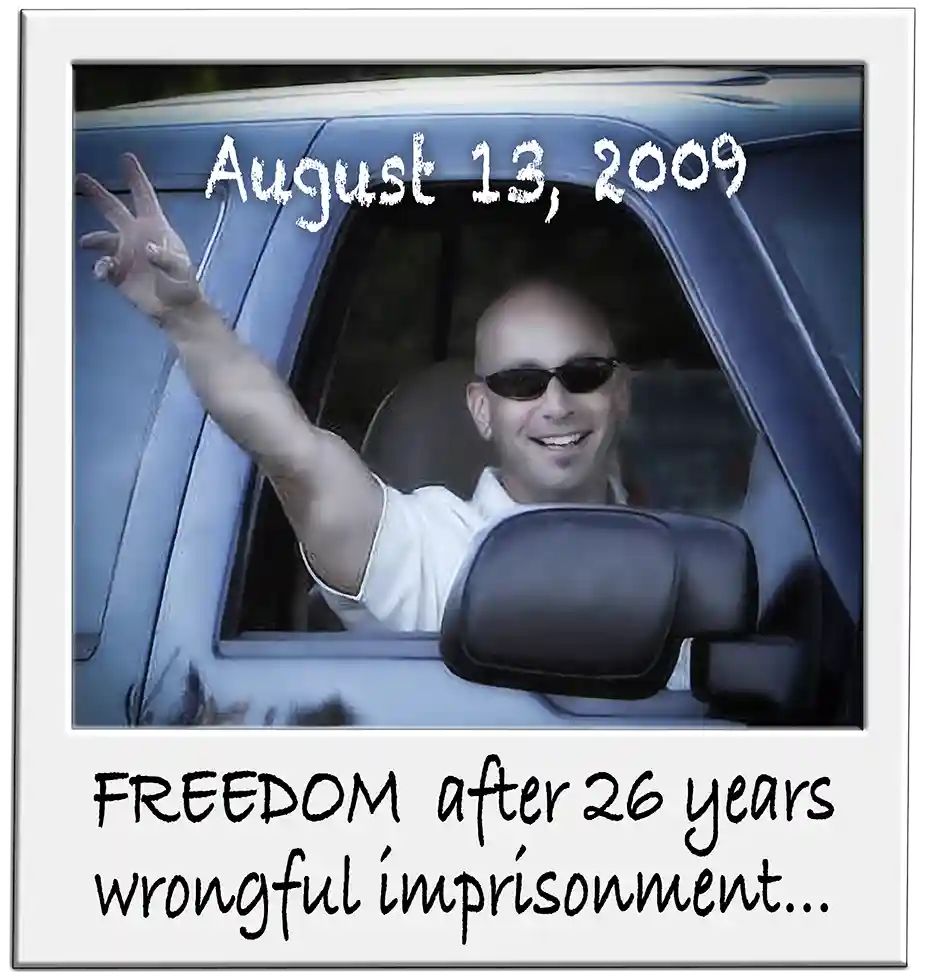 Bruce Lisker leaving prison on August 13, 2009 — freedom after 26 years of wrongful imprisonment.
