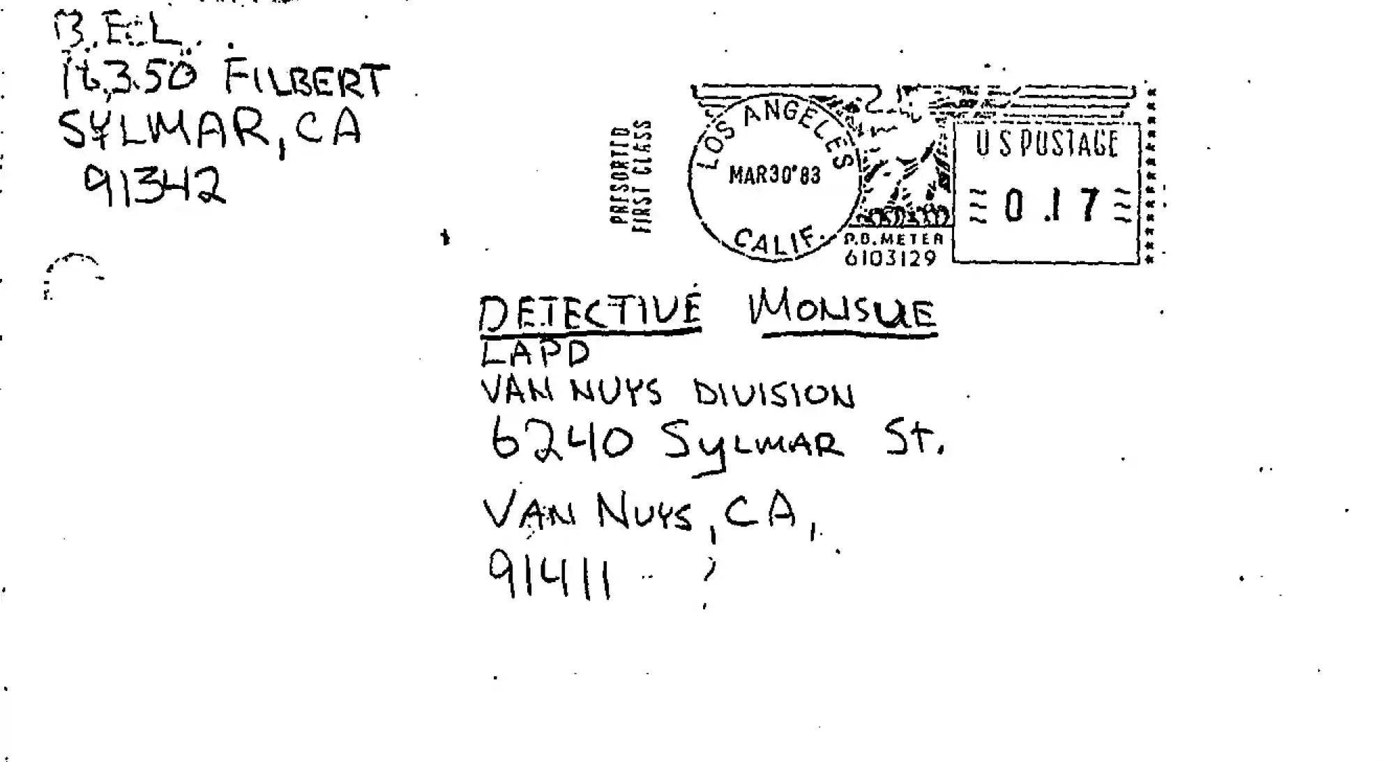 Envelope addressed in Bruce Lisker's hand to the Van Nuys Police Station Detectives Office, postmarked March 30, 1983, sent from Sylmar Juvenile Hall.