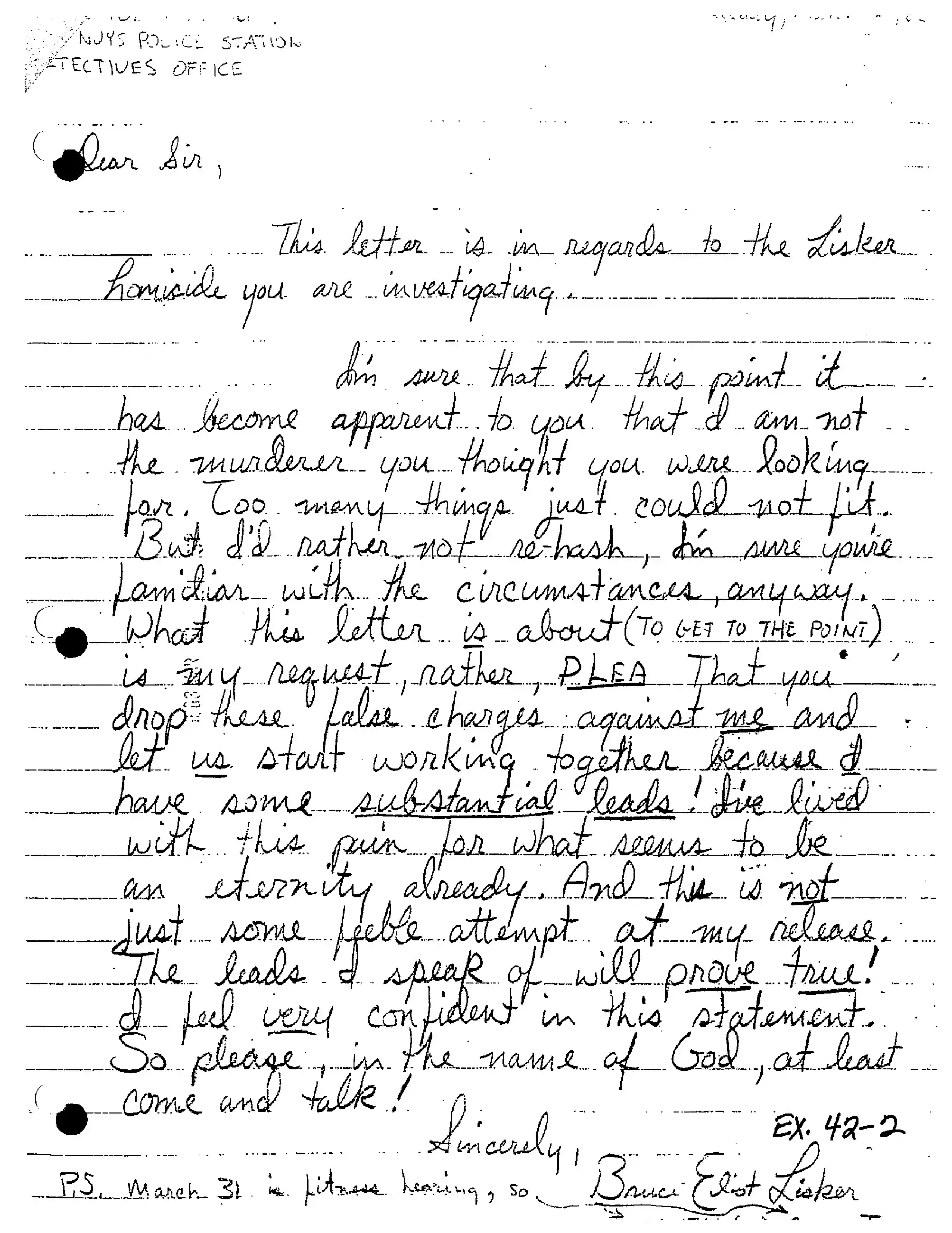 Handwritten March 30, 1983 letter from Bruce Lisker, age 17, at Sylmar Juvenile Hall to LAPD Detective Andrew Monsue at the Van Nuys Police Station — pleading with Monsue to drop the charges and come talk about substantial leads.