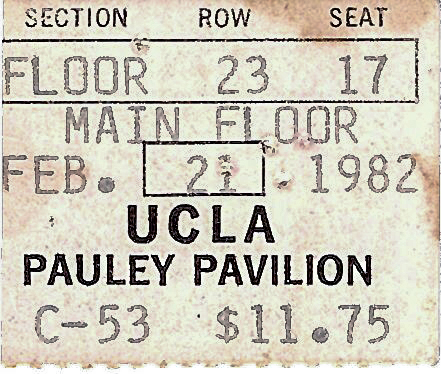 Ticket stub: Grateful Dead at UCLA's Pauley Pavilion, Main Floor, February 21, 1982, $11.75